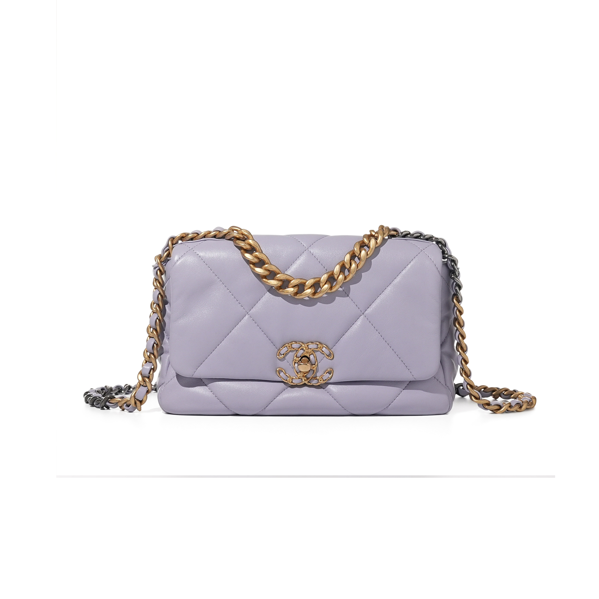 CHANEL PURPLE QUILTED LAMBSKIN CHANEL 19 FLAP BRUSHED GOLD AND RUTHENIUM HARDWARE AS1160 (26*16*9cm)